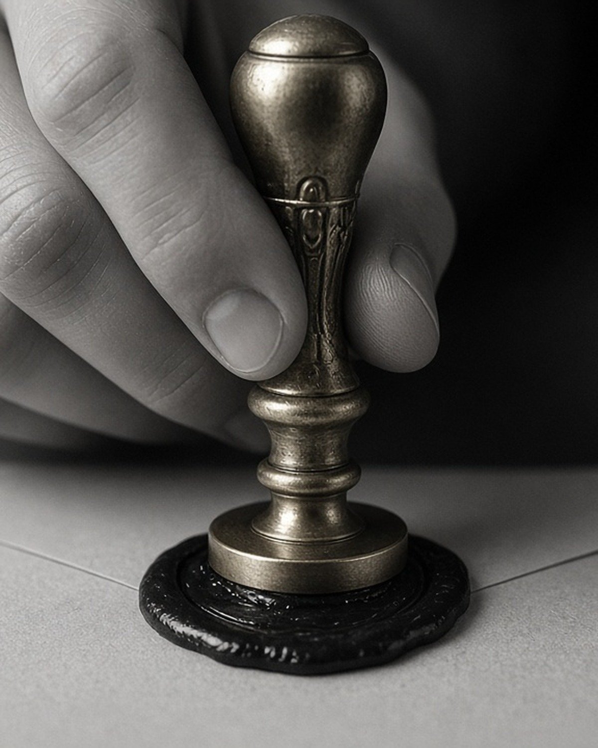 A hand pressing a brass seal into black wax on an envelope